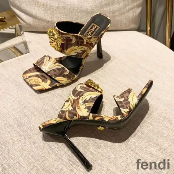 Cheap Fendi Heeled Slides Women Fendace Baroque Fabric Brown