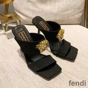 Fendi Heeled Slides Women Fendace FF Fabric Black