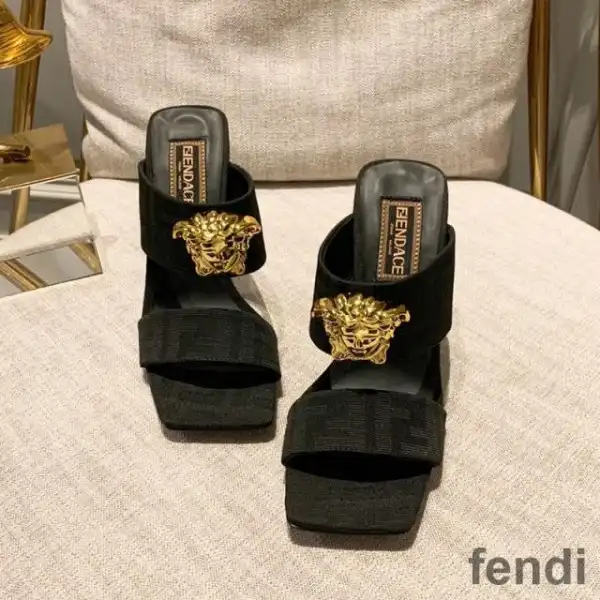 Cheap Fendi Heeled Slides Women Fendace FF Fabric Black