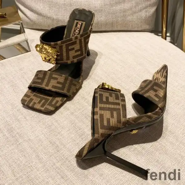 Cheap Fendi Heeled Slides Women Fendace FF Fabric Brown