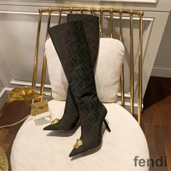 Affordable Fendi Knee High Ankle Boots Women Fendace FF Fabric Black