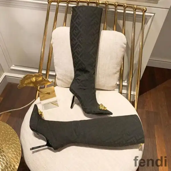 Affordable Fendi Knee High Ankle Boots Women Fendace FF Fabric Black