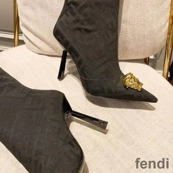 Affordable Fendi Knee High Ankle Boots Women Fendace FF Fabric Black