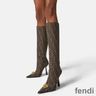 Fendi Knee High Ankle Boots Women Fendace FF Fabric Brown