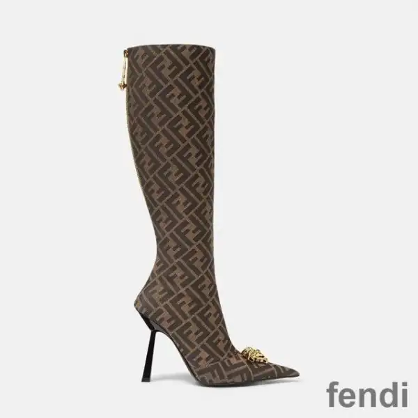 Cheap Fendi Knee High Ankle Boots Women Fendace FF Fabric Brown