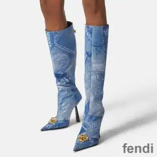 Fendi Knee High Ankle Boots Women Fendace Patchwork Denim Blue