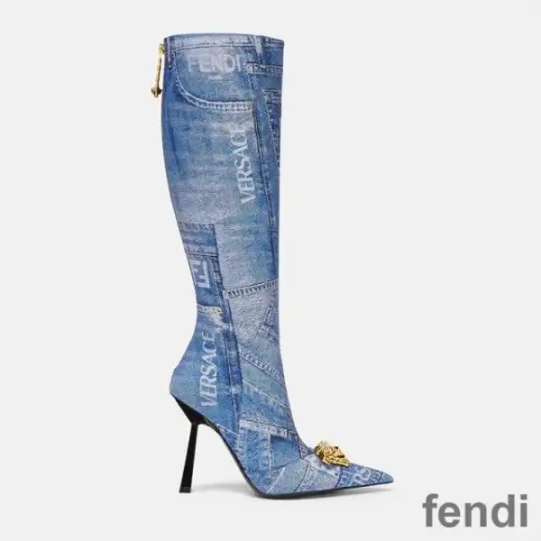 Cheap Fendi Knee High Ankle Boots Women Fendace Patchwork Denim Blue