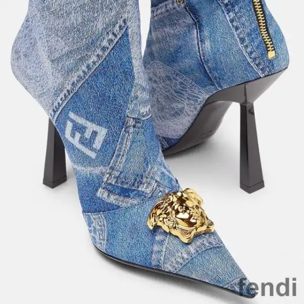 Cheap Fendi Knee High Ankle Boots Women Fendace Patchwork Denim Blue