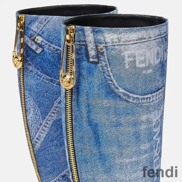 Cheap Fendi Knee High Ankle Boots Women Fendace Patchwork Denim Blue