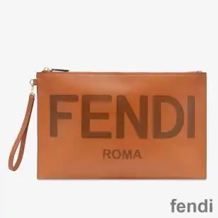 Fendi Large Flat Clutch In Roma Logo Calf Leather Brown