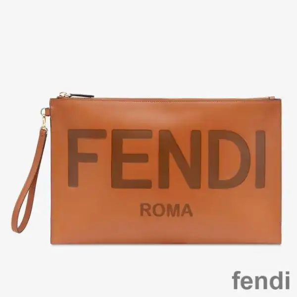 Cheap Fendi Large Flat Clutch In Roma Logo Calf Leather Brown