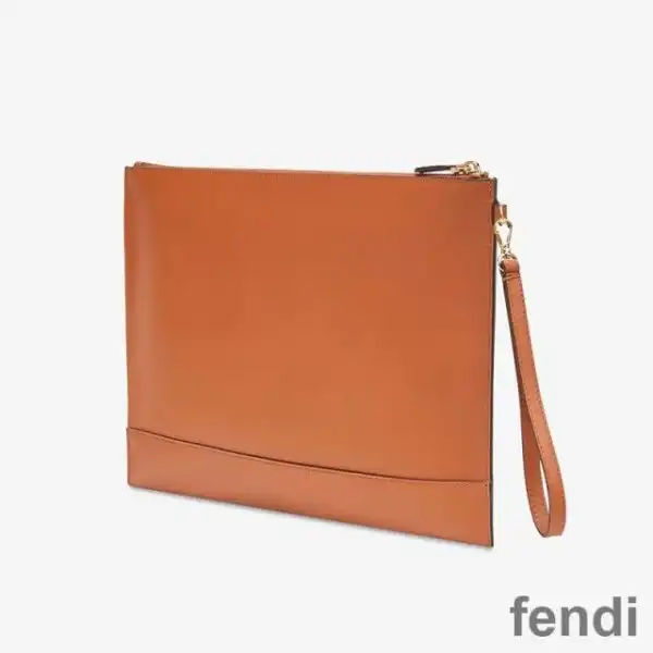 Cheap Fendi Large Flat Clutch In Roma Logo Calf Leather Brown