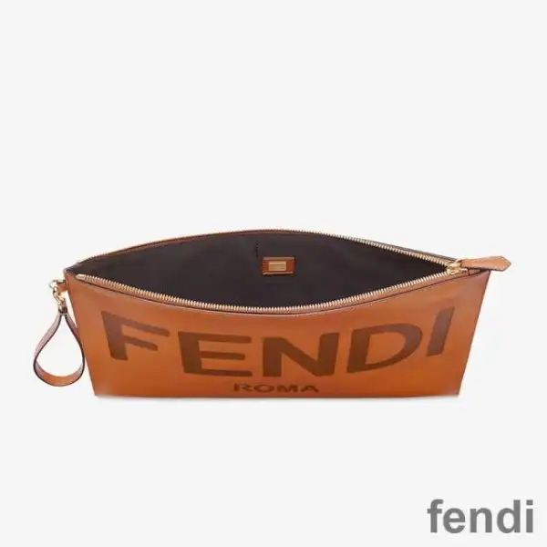 Cheap Fendi Large Flat Clutch In Roma Logo Calf Leather Brown