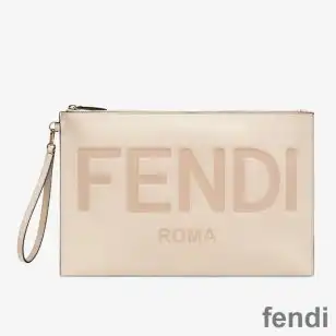 Fendi Large Flat Clutch In Roma Logo Calf Leather White