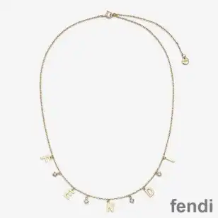 Fendi Lettering Necklace In Crystal Metal Gold