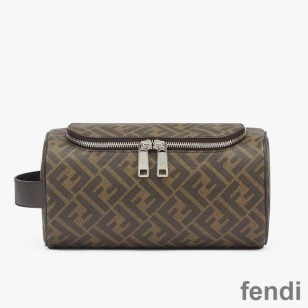 Fendi Make-up Bag with Handle In FF Motif Fabric Brown