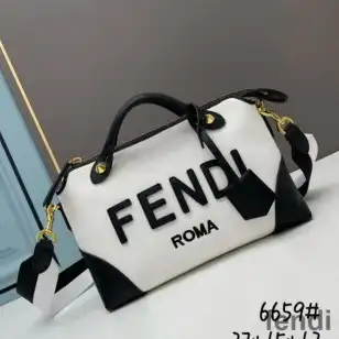 Fendi Medium By The Way Boston Bag In ROMA Logo Canvas White Black