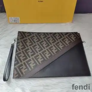 Affordable Fendi Medium Flat Clutch In FF Motif Fabric Brown Coffee