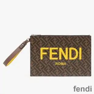 Fendi Medium Flat Clutch In Roma Logo FF Motif Fabric Brown