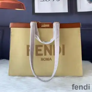 Fendi Medium Peekaboo X-Tote In ROMA Logo Canvas Apricot