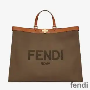 Fendi Medium Peekaboo X-Tote In ROMA Logo Canvas Brown