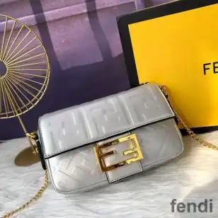 Fendi Mini Baguette Bag In FF Motif Nappa Leather Silver