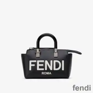 Fendi Mini By The Way Boston Bag In ROMA Logo Calf Leather Black White