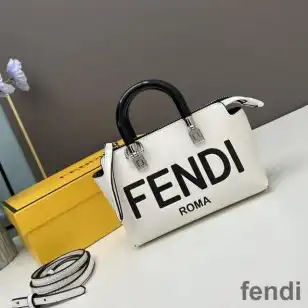 Fendi Mini By The Way Boston Bag In ROMA Logo Calf Leather White Black