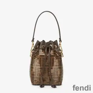 Fendi Mini Mon Tresor Bucket Bag In FF Motif Fabric with Sequins Brown