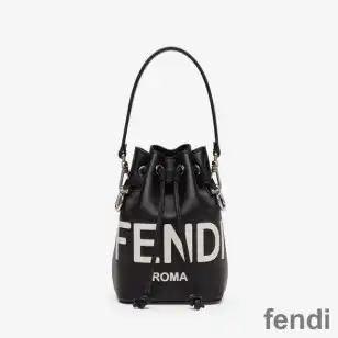 Fendi Mini Mon Tresor Bucket Bag In ROMA Logo Calf Leather Black White