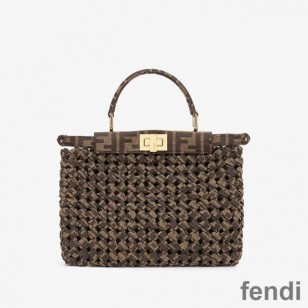 Fendi Mini Peekaboo Iconic Bag In Fabric Interlace Coffee