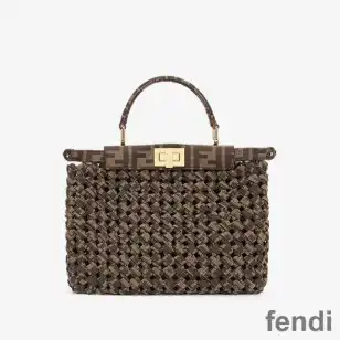 Fendi Mini Peekaboo Iconic Bag In Fabric Interlace Coffee