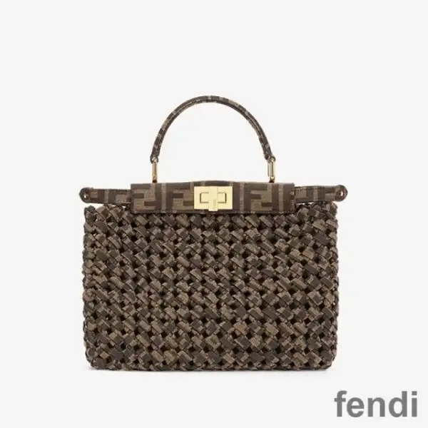 Cheap Fendi Mini Peekaboo Iconic Bag In Fabric Interlace Coffee