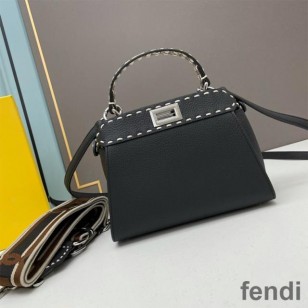 Fendi Mini Peekaboo Iconic Bag In Stitching Calf Leather Black