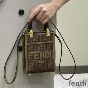 Fendi Mini Sunshine Shopper Bag In ROMA Logo FF Motif Fabric Brown