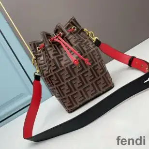 Affordable Fendi Mon Tresor Bucket Bag In FF Motif Calf Leather Brown