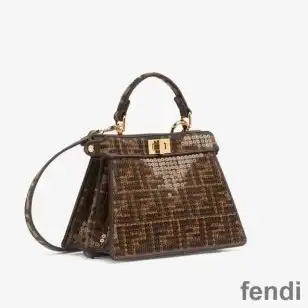 Fendi Petite Peekaboo ISeeu Bag In FF Motif Fabric with Sequins Brown