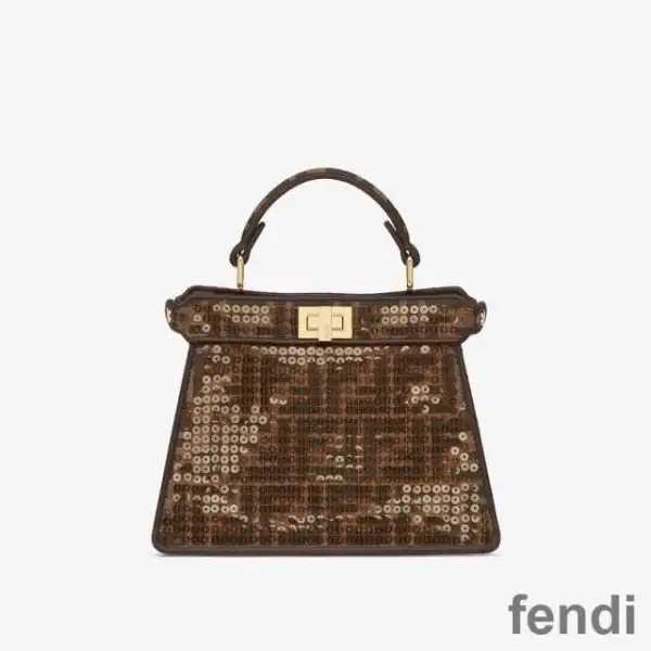 Affordable Fendi Petite Peekaboo ISeeu Bag In FF Motif Fabric with Sequins Brown