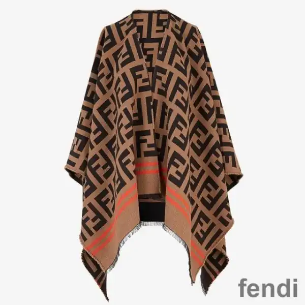 Cheap Fendi Poncho In FF Motif Wool and Silk Brown