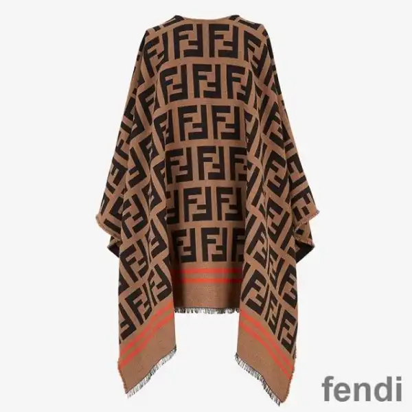 Cheap Fendi Poncho In FF Motif Wool and Silk Brown