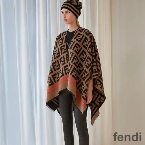 Cheap Fendi Poncho In FF Motif Wool and Silk Brown