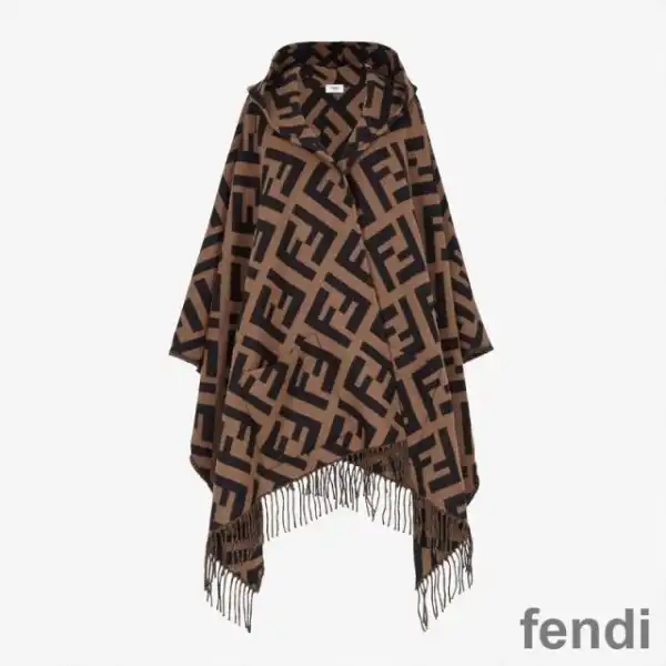 Affordable Fendi Poncho with Hood In FF Motif Cashmere Brown