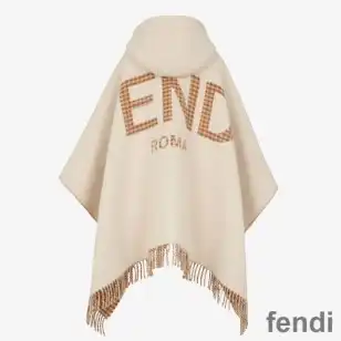 Fendi Poncho with Hood In Roma Logo Wool and Cashmere Khaki