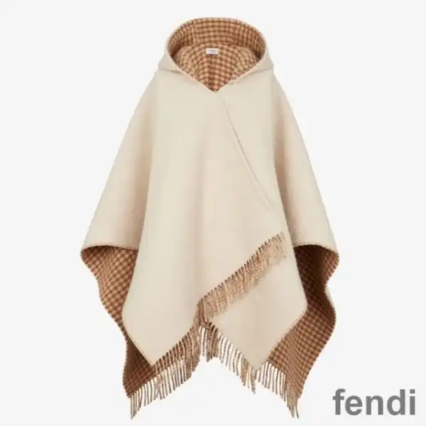 Cheap Fendi Poncho with Hood In Roma Logo Wool and Cashmere Khaki