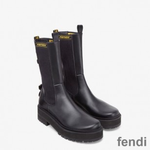 Fendi Promenades Ankle Boots Women Leather with Stretch Fabric Black