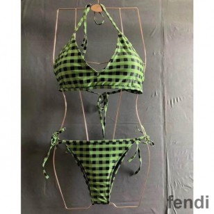 Fendi Reversible Bikini with Ties Women Checkered FF Motif Lycra Green Brown