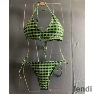 Fendi Reversible Bikini with Ties Women Checkered FF Motif Lycra Green Brown