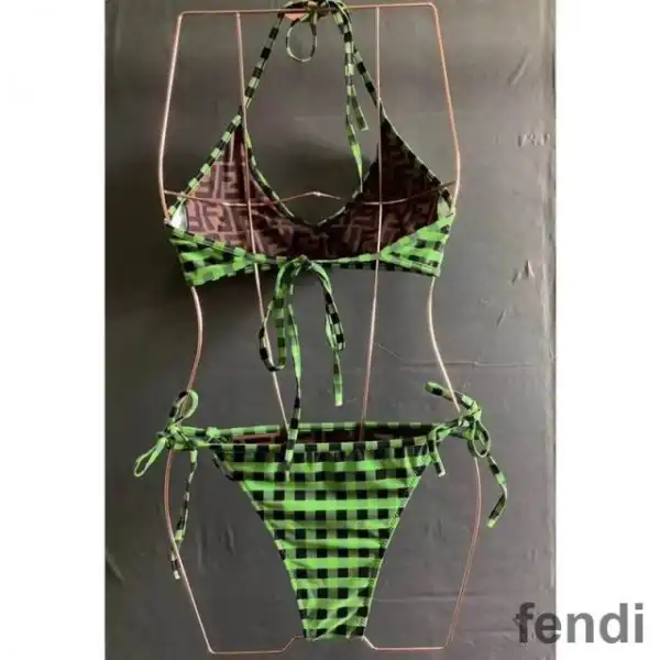 Cheap Fendi Reversible Bikini with Ties Women Checkered FF Motif Lycra Green Brown