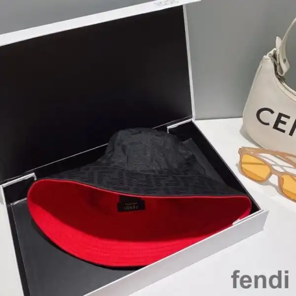 Cheap Fendi Reversible Bucket Hat In FF Motif Cotton Black Red