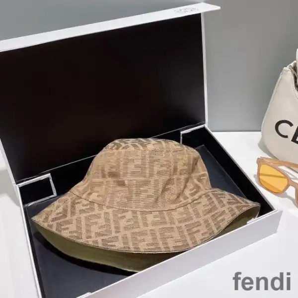 Cheap Fendi Reversible Bucket Hat In FF Motif Cotton Khaki Beige